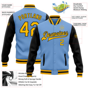 Custom Light Blue Gold-Black Bomber Full-Snap Varsity Letterman Two Tone Jacket