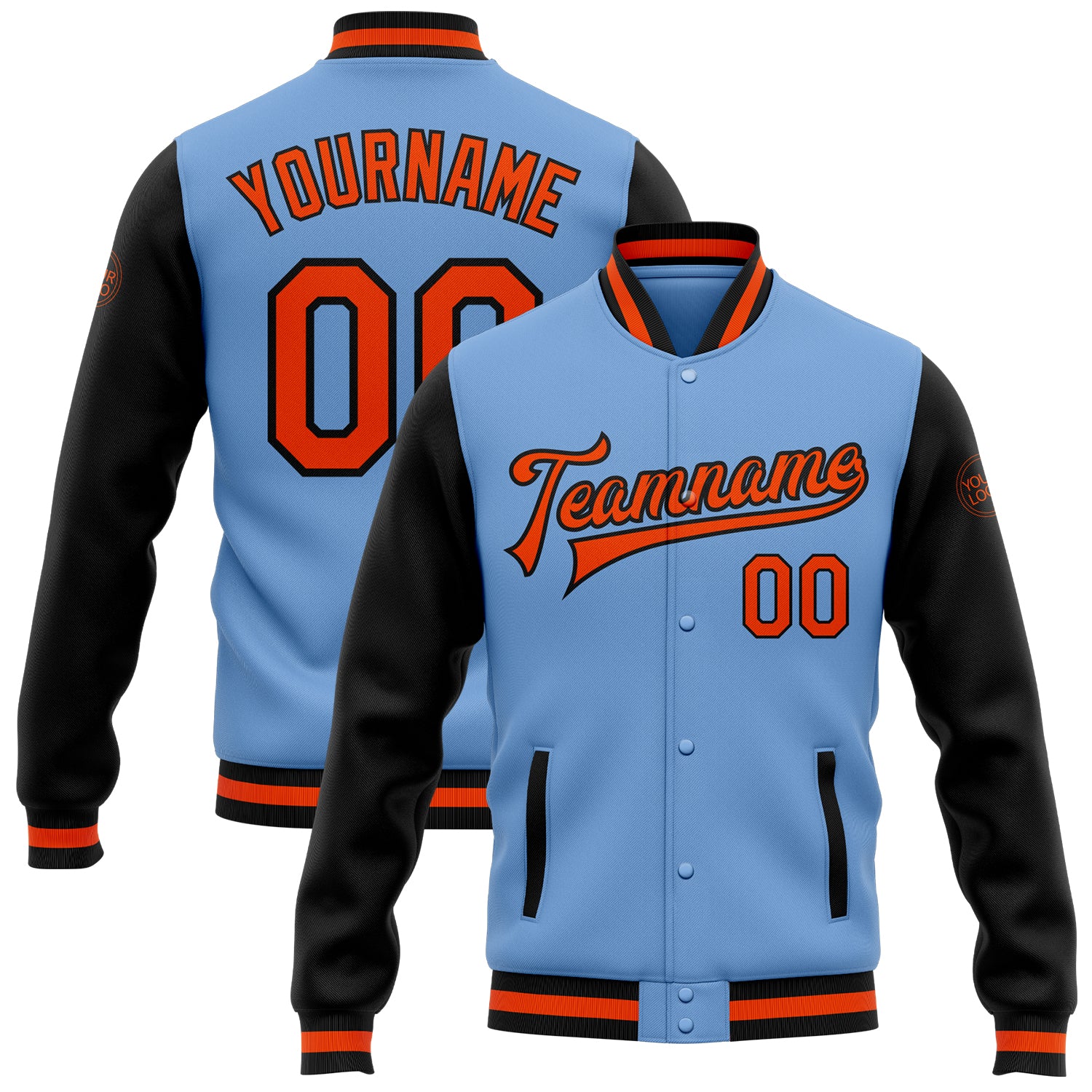 Custom Royal Orange-Black Bomber Full-Snap Varsity Letterman Two