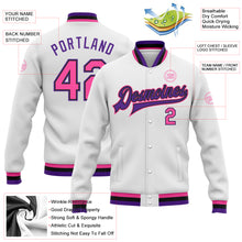 Charger l&#39;image dans la galerie, Custom White Pink Black-Purple Bomber Full-Snap Varsity Letterman Jacket
