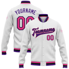 Charger l&#39;image dans la galerie, Custom White Pink Black-Purple Bomber Full-Snap Varsity Letterman Jacket
