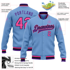 Custom Light Blue Pink Black-Purple Bomber Full-Snap Varsity Letterman Jacket