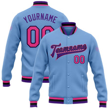 Charger l&#39;image dans la galerie, Custom Light Blue Pink Black-Purple Bomber Full-Snap Varsity Letterman Jacket
