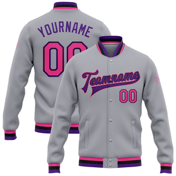 Custom Gray Pink Black-Purple Bomber Full-Snap Varsity Letterman Jacket