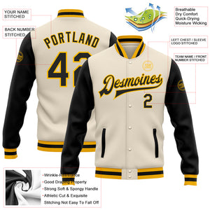 Custom Cream Black-Gold Bomber Full-Snap Varsity Letterman Two Tone Jacket