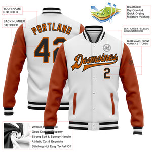 Custom White Black-Texas Orange Bomber Full-Snap Varsity Letterman Two Tone Jacket