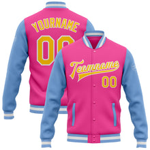 Charger l&#39;image dans la galerie, Custom Pink Yellow-Light Blue Bomber Full-Snap Varsity Letterman Two Tone Jacket
