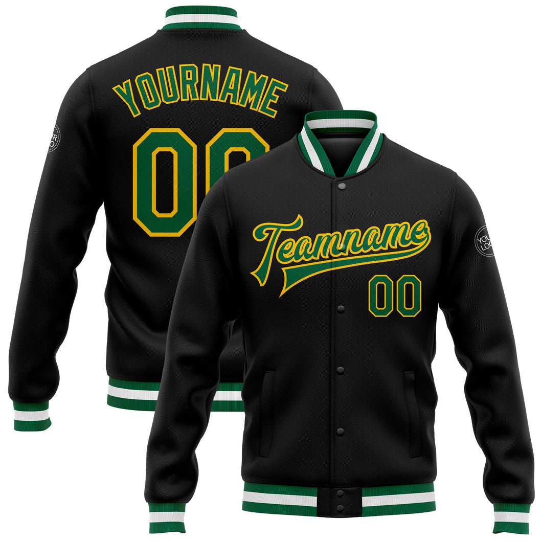 Custom Black Kelly Green-Yellow Bomber Full-Snap Varsity Letterman Jacket