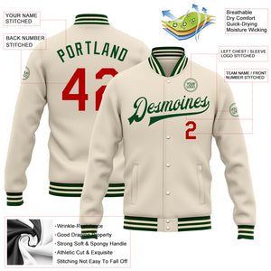 Custom Cream Red-Green Bomber Full-Snap Varsity Letterman Jacket