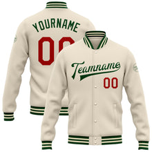 Загрузить изображение в средство просмотра галереи, Custom Cream Red-Green Bomber Full-Snap Varsity Letterman Jacket
