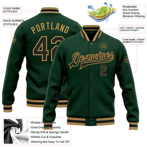 Custom Green Black-Old Gold Bomber Full-Snap Varsity Letterman Jacket