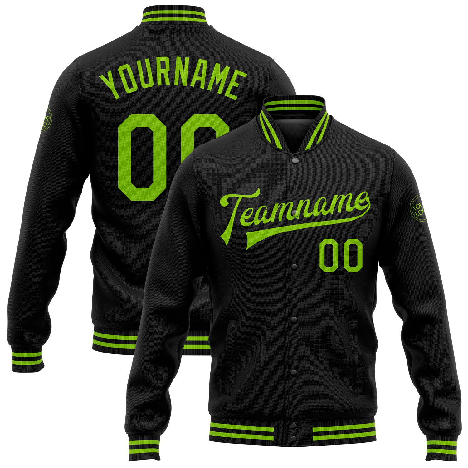 Custom Black Neon Green Bomber Full Snap Varsity Letterman Jacket