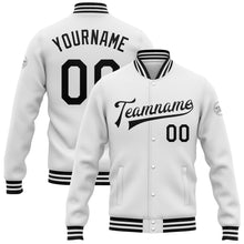 Laden Sie das Bild in den Galerie-Viewer, Custom White Black Bomber Full-Snap Varsity Letterman Jacket
