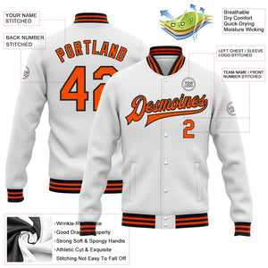 Custom White Orange-Black Bomber Full-Snap Varsity Letterman Jacket