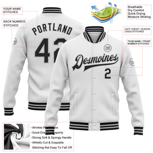 Custom White Black-Gray Bomber Full-Snap Varsity Letterman Jacket