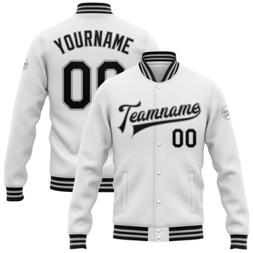 Custom White Black-Gray Bomber Full-Snap Varsity Letterman Jacket