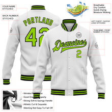 Load image into Gallery viewer, Custom White Neon Green-Black Bomber Full-Snap Varsity Letterman Jacket
