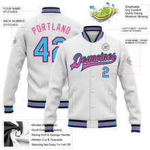 Load image into Gallery viewer, Custom White Sky Blue Black-Pink Bomber Full-Snap Varsity Letterman Jacket
