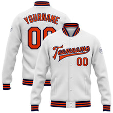 Charger l&#39;image dans la galerie, Custom White Orange-Navy Bomber Full-Snap Varsity Letterman Jacket
