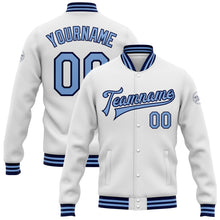 Charger l&#39;image dans la galerie, Custom White Light Blue-Navy Bomber Full-Snap Varsity Letterman Jacket
