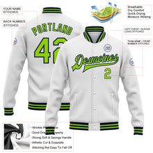 Load image into Gallery viewer, Custom White Neon Green-Navy Bomber Full-Snap Varsity Letterman Jacket
