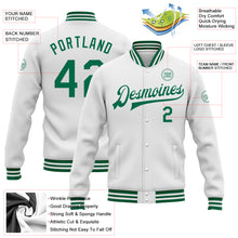 Load image into Gallery viewer, Custom White Kelly Green Bomber Full-Snap Varsity Letterman Jacket
