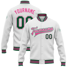 Load image into Gallery viewer, Custom White Kelly Green-Pink Bomber Full-Snap Varsity Letterman Jacket
