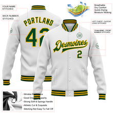 Load image into Gallery viewer, Custom White Green-Gold Bomber Full-Snap Varsity Letterman Jacket
