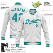 Загрузить изображение в средство просмотра галереи, Custom White Teal-Gray Bomber Full-Snap Varsity Letterman Jacket
