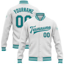 Загрузить изображение в средство просмотра галереи, Custom White Teal-Gray Bomber Full-Snap Varsity Letterman Jacket
