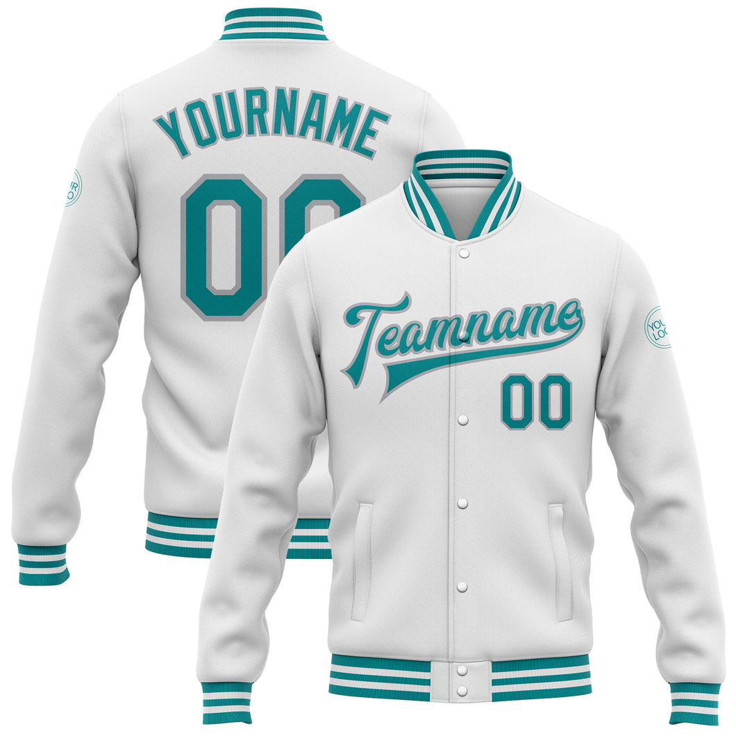 Custom White Teal-Gray Bomber Full-Snap Varsity Letterman Jacket