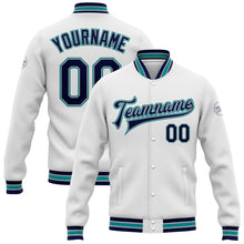 Load image into Gallery viewer, Custom White Navy Gray-Teal Bomber Full-Snap Varsity Letterman Jacket
