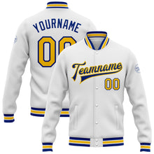 Charger l&#39;image dans la galerie, Custom White Yellow-Royal Bomber Full-Snap Varsity Letterman Jacket
