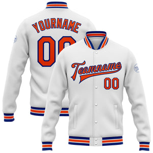 Custom White Orange-Royal Bomber Full-Snap Varsity Letterman Jacket