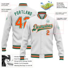 Load image into Gallery viewer, Custom White Orange-Kelly Green Bomber Full-Snap Varsity Letterman Jacket
