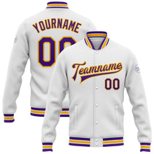 Load image into Gallery viewer, Custom White Purple-Gold Bomber Full-Snap Varsity Letterman Jacket
