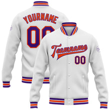 Load image into Gallery viewer, Custom White Purple-Orange Bomber Full-Snap Varsity Letterman Jacket
