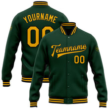 Laden Sie das Bild in den Galerie-Viewer, Custom Green Gold-Black Bomber Full-Snap Varsity Letterman Jacket
