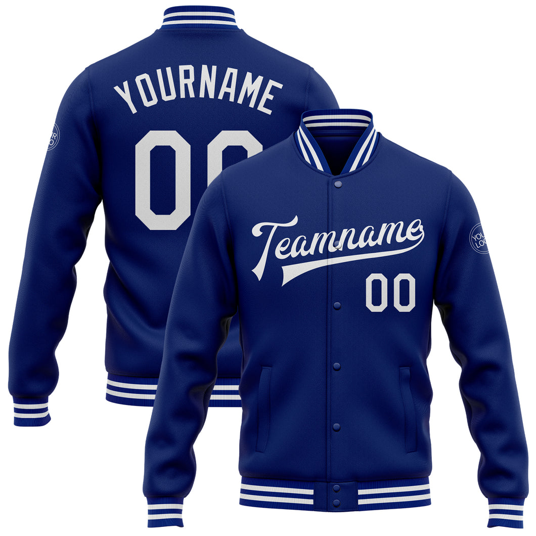 Custom Royal White Bomber Full-Snap Varsity Letterman Jacket