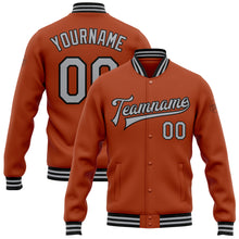 Laden Sie das Bild in den Galerie-Viewer, Custom Texas Orange Gray-Black Bomber Full-Snap Varsity Letterman Jacket
