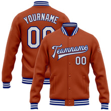 Laden Sie das Bild in den Galerie-Viewer, Custom Texas Orange White-Royal Bomber Full-Snap Varsity Letterman Jacket
