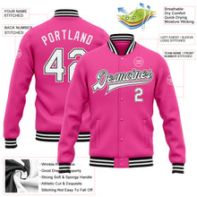 Laden Sie das Bild in den Galerie-Viewer, Custom Pink White-Black Bomber Full-Snap Varsity Letterman Jacket
