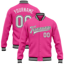 Laden Sie das Bild in den Galerie-Viewer, Custom Pink White-Black Bomber Full-Snap Varsity Letterman Jacket
