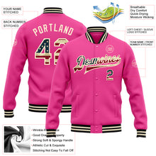 Laden Sie das Bild in den Galerie-Viewer, Custom Pink Vintage USA Flag Cream-Black Bomber Full-Snap Varsity Letterman Jacket
