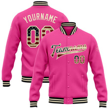 Загрузить изображение в средство просмотра галереи, Custom Pink Vintage USA Flag Cream-Black Bomber Full-Snap Varsity Letterman Jacket
