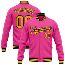 Charger l&#39;image dans la galerie, Custom Pink Gold-Black Bomber Full-Snap Varsity Letterman Jacket
