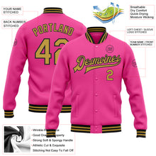 Load image into Gallery viewer, Custom Pink Old Gold-Black Bomber Full-Snap Varsity Letterman Jacket
