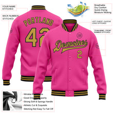 Charger l&#39;image dans la galerie, Custom Pink Old Gold-Black Bomber Full-Snap Varsity Letterman Jacket
