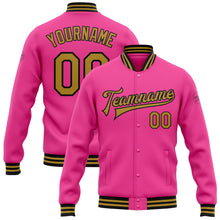 Load image into Gallery viewer, Custom Pink Old Gold-Black Bomber Full-Snap Varsity Letterman Jacket
