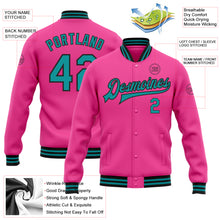 Load image into Gallery viewer, Custom Pink Teal-Black Bomber Full-Snap Varsity Letterman Jacket
