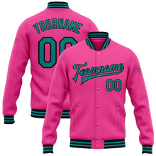 Load image into Gallery viewer, Custom Pink Teal-Black Bomber Full-Snap Varsity Letterman Jacket
